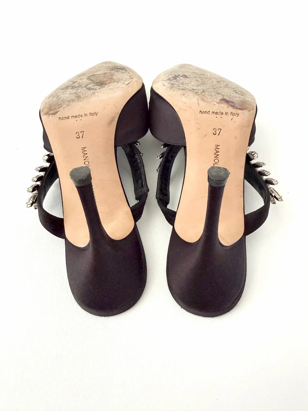 MANOLO BLAHNIK | Lurum Black Satin Crystal Embellished Mule Heels EU 37